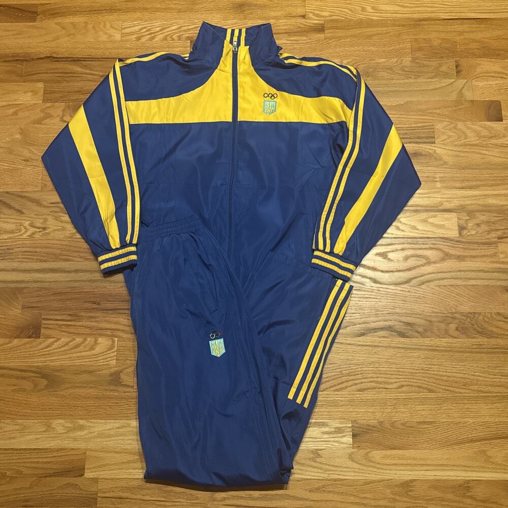 VTG Adidas Ukraine Olympics Blue Yellow Windbreaker Track Suit Size XLarge READ